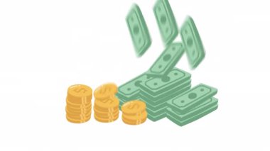 Para çantası düz çizim. Dolar ve altın para yığını. Zenginlik ve bankacılık ikonu. Beyazda izole edilmiş