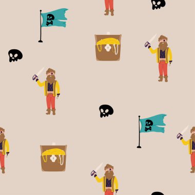 Şirin çocuk korsan ile kusursuz bir düzen. Çizgi film çocuğu elinde kılıç tutuyor. Hazine avı dokusu geçmişi. Korsan kostümü giymiş bir anaokulu öğrencisi. Düz vektör illüstrasyonu