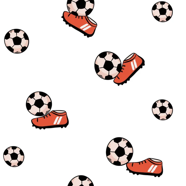 緑のフィールドにサッカーボールとシームレスなパターン 手描きのサッカーボールやサッカーストライプの芝生のフィールド スポーツポスター バナー デザインのためのベクトルイラスト — ストックベクタ
