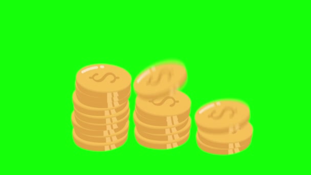 钱袋平面插图 美元和金币堆积如山 财富和银行业的象征 在白色 绿色的环境中 — 图库视频影像