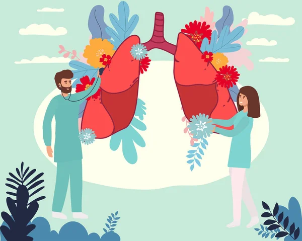 薬理ベクトル図 平らな小さい肺のヘルスケアの人々の概念 要約呼吸器系の検査と治療 疾病又は問題の内部臓器検査検査 — ストックベクタ