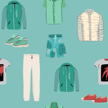 Kumaştaki parmak izi için kusursuz desen. Güzel giysiler al. Tek renk. Uyku, spor ve ev için kıyafet ikonu. Tişört, uyku maskesi, mandal, askı, çorap, külot, şort. Mavi. Eps 10