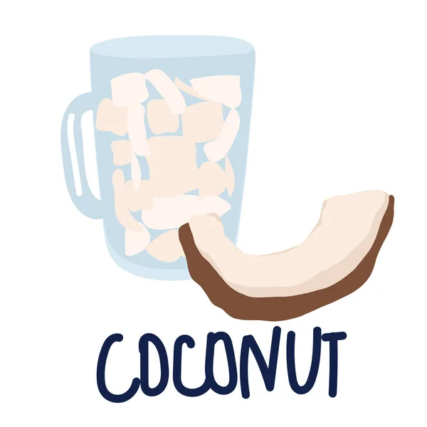 Tazza Cocco Mezza Frutta Foglie Illustrazione Vettoriale Cartone Animato Icona — Vettoriale Stock