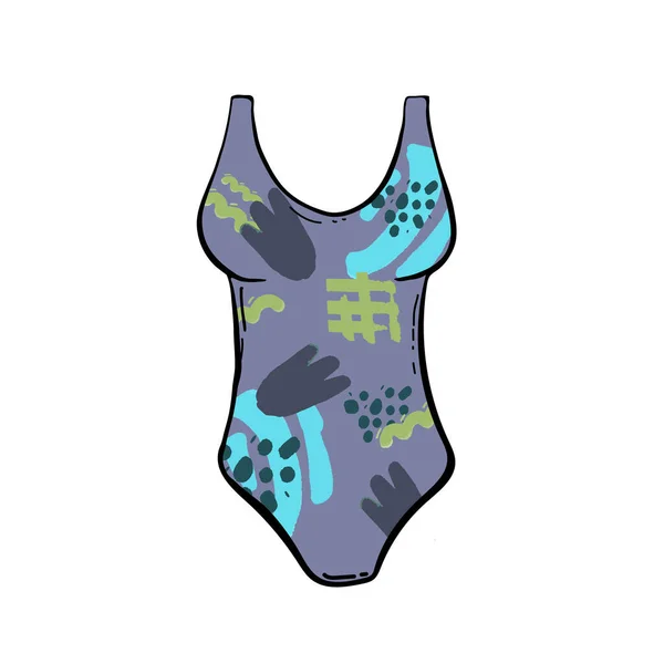 Vrouwelijke Eendelige Zwembroek Moderne Blauwe Badmode Met Helder Multicolor Patroon — Stockvector