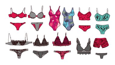 Kadın iç çamaşırlarıyla dolu. beyaz el çiziminde izole.