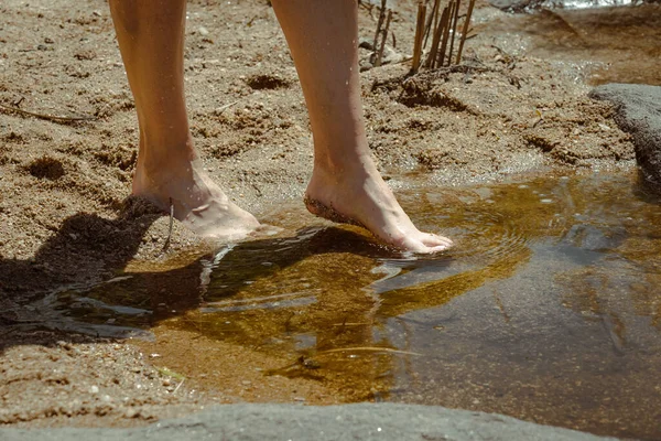 Side view of a woman\'s feet walking and feeling the cool water of a crystal clear river. Concept of healthy outdoor life.