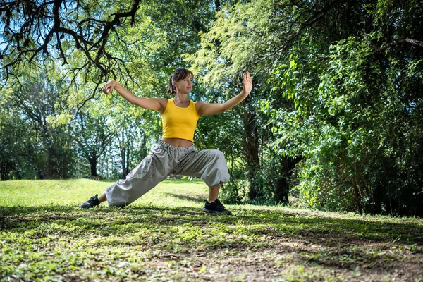 Profile Woman Practicing Tai Chi Surrounded Trees Chinese Martial Arts — Stock Photo, Image