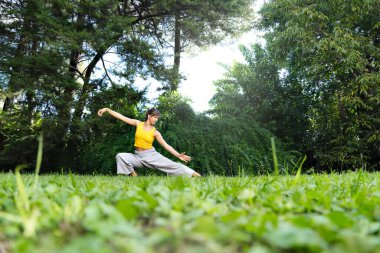 Dışarıda tai chi chuan yapan bir kadın. Tai Chi çalışmak vücudun esnekliğini, gücünü ve dengesini arttırmanın yanı sıra stres ve endişeyi azaltabilir..