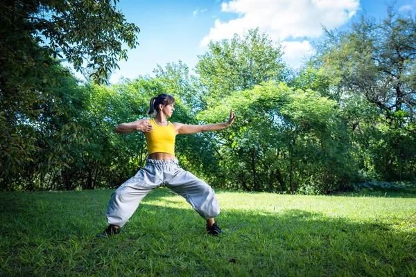 Woman practices Tai Chi outdoor, provides additional health benefits, such as exposure to the sun for vitamin D production and connection with nature to reduce stress and improve emotional well-being.
