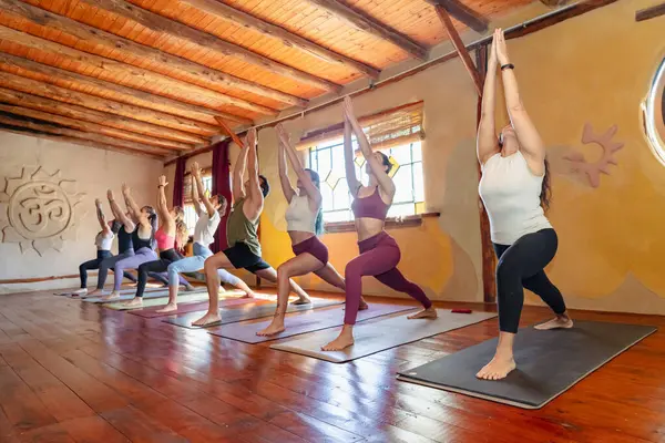 People practicing yoga standing in an interior lit with natural light.
