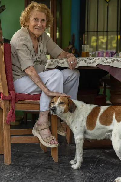 Yaşlı kadın dışarıda bir masada oturuyor, melez köpeğini nazikçe okşuyor, yazın sıcağında sevgi ve arkadaşlıkla dolu huzurlu bir anın tadını çıkarıyor.