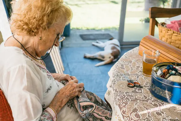 Yaşlı kadın dışarıda huzurlu bir öğleden sonranın keyfini çıkarıyor, köpeği yakınlarda huzur içinde dinleniyor, iç huzuru canlandırıyor.