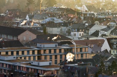 Freiburg 'un kışlık çatı manzarası bacalardan dumanlar yükseliyor.