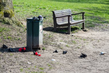 Köpek atıklarıyla dolu çantalar parktaki çöp tenekesinin yanına saçılmış.