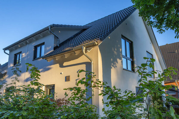Tree in the garden casts shadows on the semi-detached house