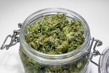 Dried cannabis buds in an open mason jar clipart