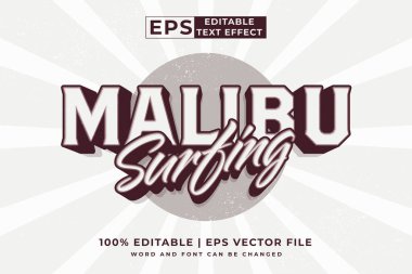 Düzenlenebilir metin efekti Malibu sörfü 3d vintage biçim premium vektörü