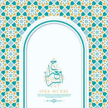 Isra Miraj Greeting Card with Calligraphy and Ornament Premium Vector clipart