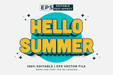 Düzenlenebilir metin efekti Merhaba Yaz 3d Çizgi film şablon biçimi premium vektörü