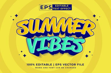 Düzenlenebilir metin efekti Summer Vibes 3d Karikatür şablon biçimi premium vektörü