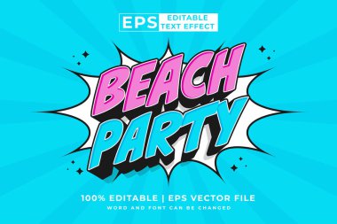Düzenlenebilir metin efekti Plaj Partisi 3d Çizgi film şablon biçimi premium vektörü