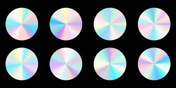Gerçekçi yuvarlak hologramlar. Gökkuşağı renk değişkeni. Siyah arkaplanda izole edilmiş çok renkli 3d vektör illüstrasyonu