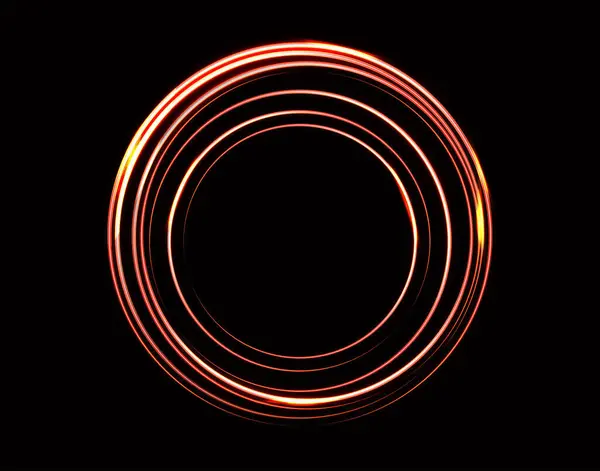 Siyah arka planda sarı-kırmızı lazer parlayan daire. Neon daireler. Soyut vektör illüstrasyonu