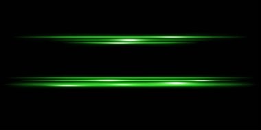 Yeşil lazer ışınları, parlak çizgiler. Siyah arkaplanda izole edilmiş soyut vektör illüstrasyonu