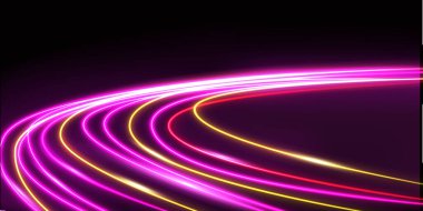 Parlak hız şeritleri. Bir arabanın hareket izleri var. Gece lambası ve uzun pozlama. Siyah arkaplanda izole edilmiş soyut vektör illüstrasyonu