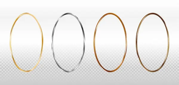 Fotoğraf için altın, gümüş, bronz ve bakır oval çerçeveler. 3d vektör çizimi şeffaf arkaplanda izole edildi