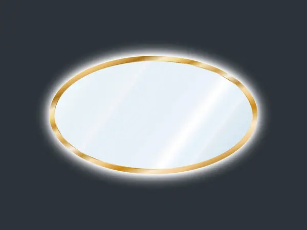 LED ışıklandırmalı altın çerçeveli gerçekçi oval ayna. Yansıtıcı cam levha. Koyu arkaplanda izole edilmiş 3B vektör çizimi