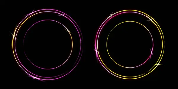 Siyah arka planda izole edilmiş pembe ve sarı lazer çemberi. Neon daireler. Soyut vektör illüstrasyonu