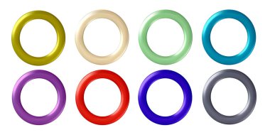 Perdeler, giysiler, kağıtlar, çıkartmalar veya etiketler için çok renkli metal veya plastik halkalar veya perçinler. 3d vektör illüstrasyonu beyaz arkaplanda izole edildi