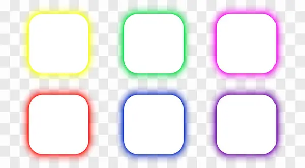 Yuvarlak köşeli, çok renkli panelli kare beyaz çerçeveler. Sarı, turkuaz, pembe, kırmızı, mavi, mor neon ışık efekti. 3d vektör çizimi şeffaf arkaplanda izole edildi.