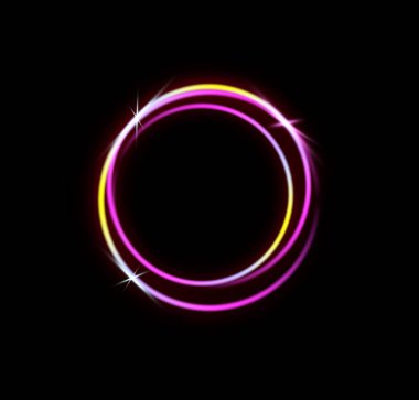Siyah arka planda izole edilmiş pembe ve sarı lazer çemberi. Neon daireler. Soyut vektör illüstrasyonu