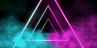 Pembe ve mavi dumanlı üçgen LED tünel. Neon çerçeve. Koyu arkaplanda izole edilmiş 3B vektör çizimi.