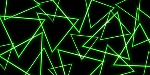 Parlayan neon üçgenlerin arka planı. Koyu arkaplanda izole edilmiş 3B vektör çizimi.