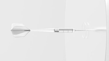 Yarı saydam dart tahtasının ortasına yerleştirilmiş beyaz yarı saydam dart. Işık dartın arkasından parlıyor. Başarı hedefi ve asgari fikir kavramı. Animasyonsuz döngü, 3B Render.