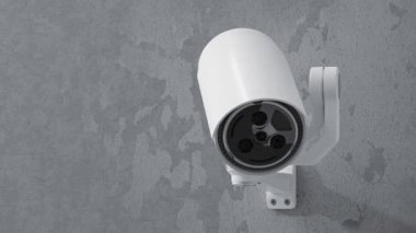 Beton duvardaki CCTV kamerası. Bölgeyi gözetleme amaçlı tarayın. Teknoloji ve yenilik kavramı. Canlandırma, 3B Hazırlama