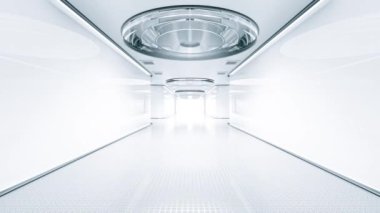 Uzay istasyonunda ya da laboratuvarda gri renklerle süslenmiş bir koridor. Fütürist bilim kurgu ve teknoloji geçmişi kavramı. Animasyonsuz döngü, 3B Render.