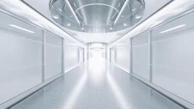 Uzay istasyonunda ya da laboratuvarda gri renklerle süslenmiş bir koridor. Fütürist bilim kurgu ve teknoloji geçmişi kavramı. Animasyonsuz döngü, 3B Render.