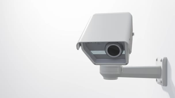 闭路电视摄像头安装在白色背景上 为监视目的对该地区进行扫描 可用于安全工作的背景 动画无缝循环和阿尔法通道 3D渲染 — 图库视频影像