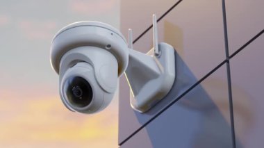 Binanın duvarına ya da ofis duvarına gün doğumu ya da batımı saatinde kamera yerleştirildi. Bölgeyi gözetleme amaçlı tarayın. Güvenlik işlerinde arka plan olarak kullanılabilir. Canlandırma, 3B Hazırlama.