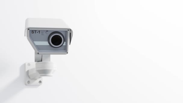 闭路电视摄像头安装在白色背景上 为监视目的对该地区进行扫描 可用于安全工作的背景 动画和阿尔法频道 3D渲染 — 图库视频影像