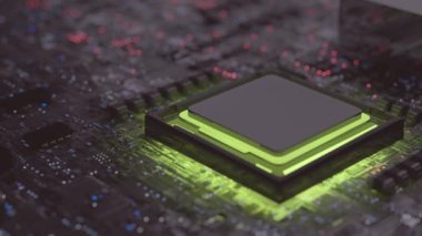 Soyut devre kartı RGB Light animasyon seçici odak noktası. Yenilik ve sanayi teknolojisiyle ilgili metin girişleri veya afişler kullanılabilir. 3B Hazırlama.