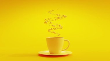 Sarı kahve fincanı ve sarı daireler duman oluşturmak için bir araya gelirler. Minimum konsept ve alfa kanalında tasarlandı. Canlandırma, 3B Hazırlama.