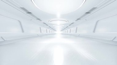 Bilimsel laboratuvar ya da bilim kurgu koridoru beyaz renk. Bilim elementleri ve Teknoloji geçmişi. Eğitimde, bilim endüstrisinde kullanılabilir. Animasyonsuz döngü. 3d hazırlayıcı.