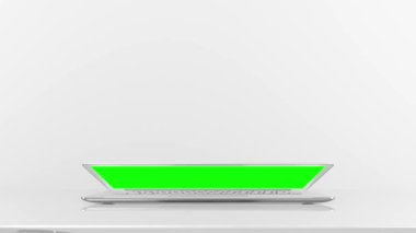 Laptop Model ve yeşil ekran çalışma masasında, beyaz odada. Asgari düzeyde tasarlandı. Eğitimde ya da iş hayatında kullanılabilir. 3B Hazırlama.