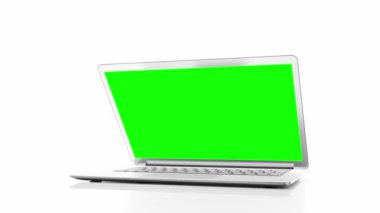 Laptop Model ve yeşil ekran çalışma masasında, beyaz odada. Asgari düzeyde tasarlandı. Eğitimde ya da iş hayatında kullanılabilir. 3B Hazırlama.