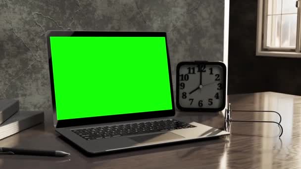 Laptop Mock Czarny Kolor Biurku Pracy Notebooka Budzik Okulary Zaprojektowany — Wideo stockowe